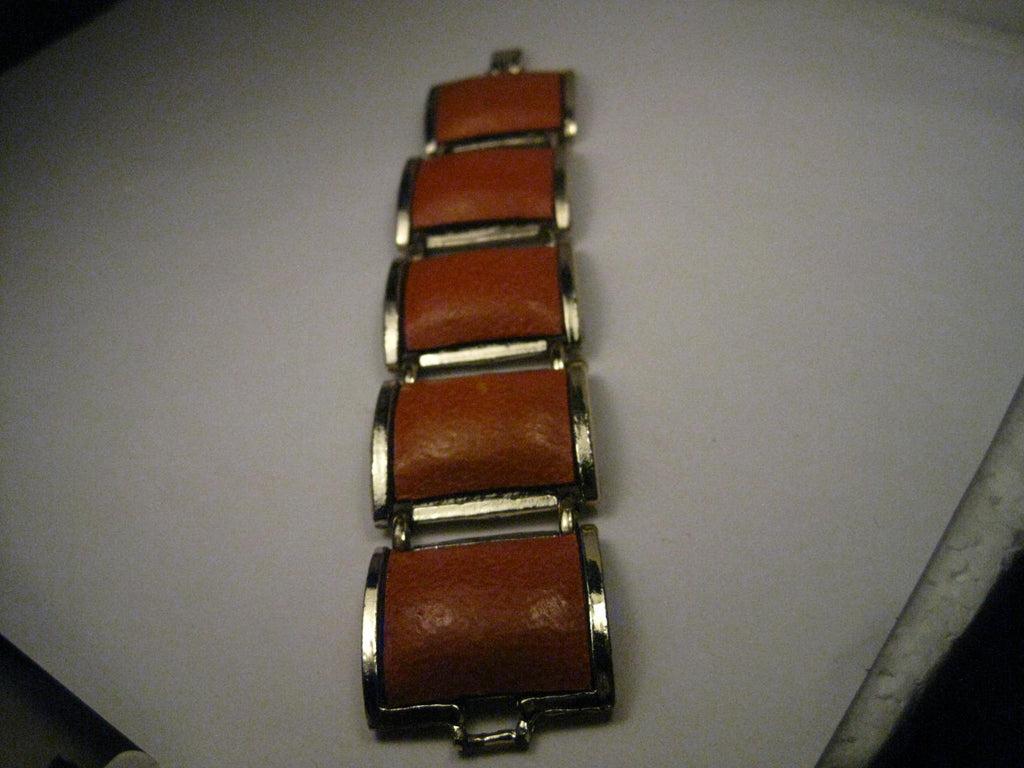 Vintage Gold Tone Wide Burnt Orange Leather Link Bracelet, 1970's, 7" - Boho Appeal Too!
