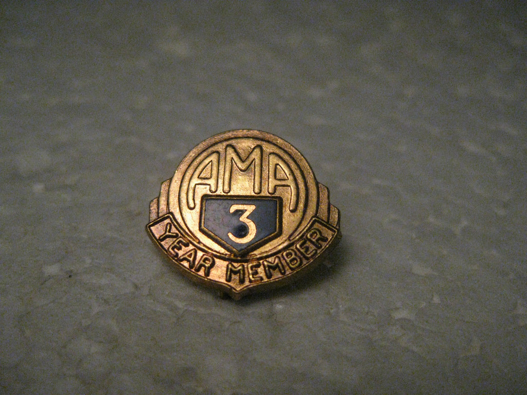 Vintage American Motorcycle Association 3 Year Member Pin, Gold Tone, Enameled