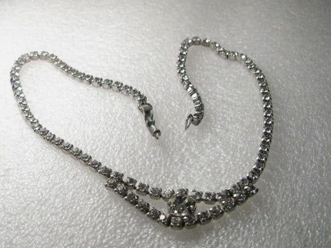 Vintage Silver Tone Rhinestone Bib Necklace-Choker, 14.5"