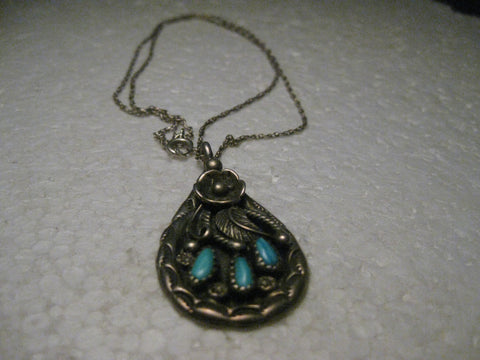 Vintage Sterling Silver Southwestern Petit Point Turquoise Pendant on 18" Chain, 10.88 gr., 1960-1970's