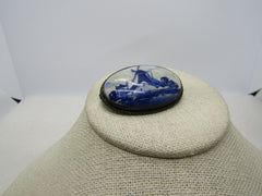 Vintage .835 Silver Delft Brooch, Windmill, Hand Painted Porcelain, C-Clasp, Early 1900's.