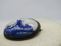 Vintage .835 Silver Delft Brooch, Windmill, Hand Painted Porcelain, C-Clasp, Early 1900's.