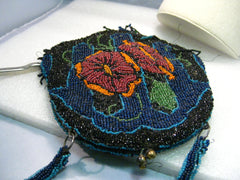 Antique Floral Beaded Purse with Hinged Opening, Beaded Strap, Satin Lining