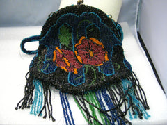 Antique Floral Beaded Purse with Hinged Opening, Beaded Strap, Satin Lining