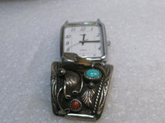Vintage Sterling Silver Turquoise, Coral, Claw Single Watch Tip with Watch, Atkinson Trading Company