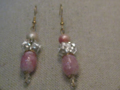 Vintage Pink Dangle Pierced Earrings, Faux Pearl & Art Glass, 2.5"
