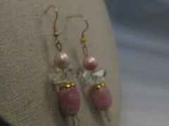 Vintage Pink Dangle Pierced Earrings, Faux Pearl & Art Glass, 2.5"