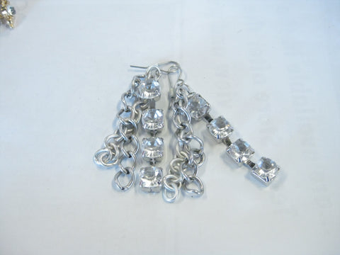 1980's Silvertone Chain & Rhinestone Dangle Pierced Earrings, 2.5" Long, 3 Strands