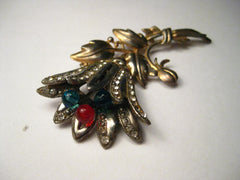 Vintage Art Deco Floral Brooch, Gold and Silver Tone, Pave Set Rhinestones, Glass Bead Center Stems - Tulip-Like, 3.5" tall
