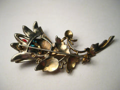 Vintage Art Deco Floral Brooch, Gold and Silver Tone, Pave Set Rhinestones, Glass Bead Center Stems - Tulip-Like, 3.5" tall