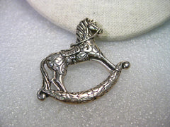 Vintage Sterling Silver Rocking Horse Brooch, 2" wide, scolled/filigree design, 10.75 grams