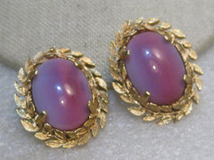 Vintage Pink Moonstone Clip Earrings, signed Judy Lee, 1960's, Leaf Framed, 1.5" Long