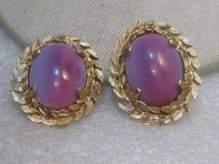 Vintage Pink Moonstone Clip Earrings, signed Judy Lee, 1960's, Leaf Framed, 1.5" Long