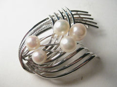 Vintage SIlvertone Modern Brooch With Fauxd Pearls - NICE