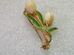 Vintage Gold Tone Carved Tulip Floral Brooch, Enameled Leaves, Signed JJ