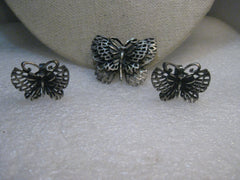 Vintage Butterfly Brooch & Clip Earring Set, Pewter-Like, 1960's/1970's