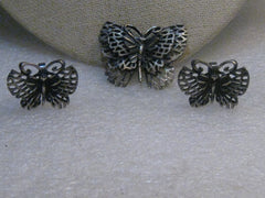 Vintage Butterfly Brooch & Clip Earring Set, Pewter-Like, 1960's/1970's