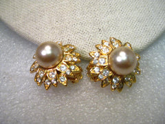 Vintage Joan Rivers Gold Tone Faux Pearl & Rhinestone Blossom Clip Earrings