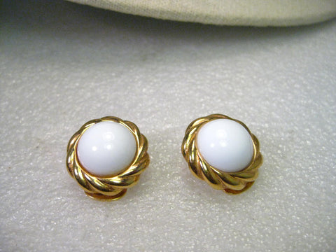 Vintage Kenneth J. Lane Gold Tone White Button Clip Earrings with Rope Frame