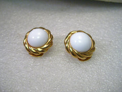 Vintage Kenneth J. Lane Gold Tone White Button Clip Earrings with Rope Frame