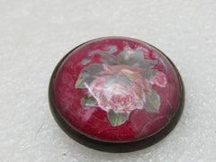 Vintage Glass Rose Horse Bridle Button/Rosette Brooch, Red w/Rose, 1.5", 1920's-1930's