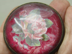 Vintage Glass Rose Horse Bridle Button/Rosette Brooch, Red w/Rose, 1.5", 1920's-1930's