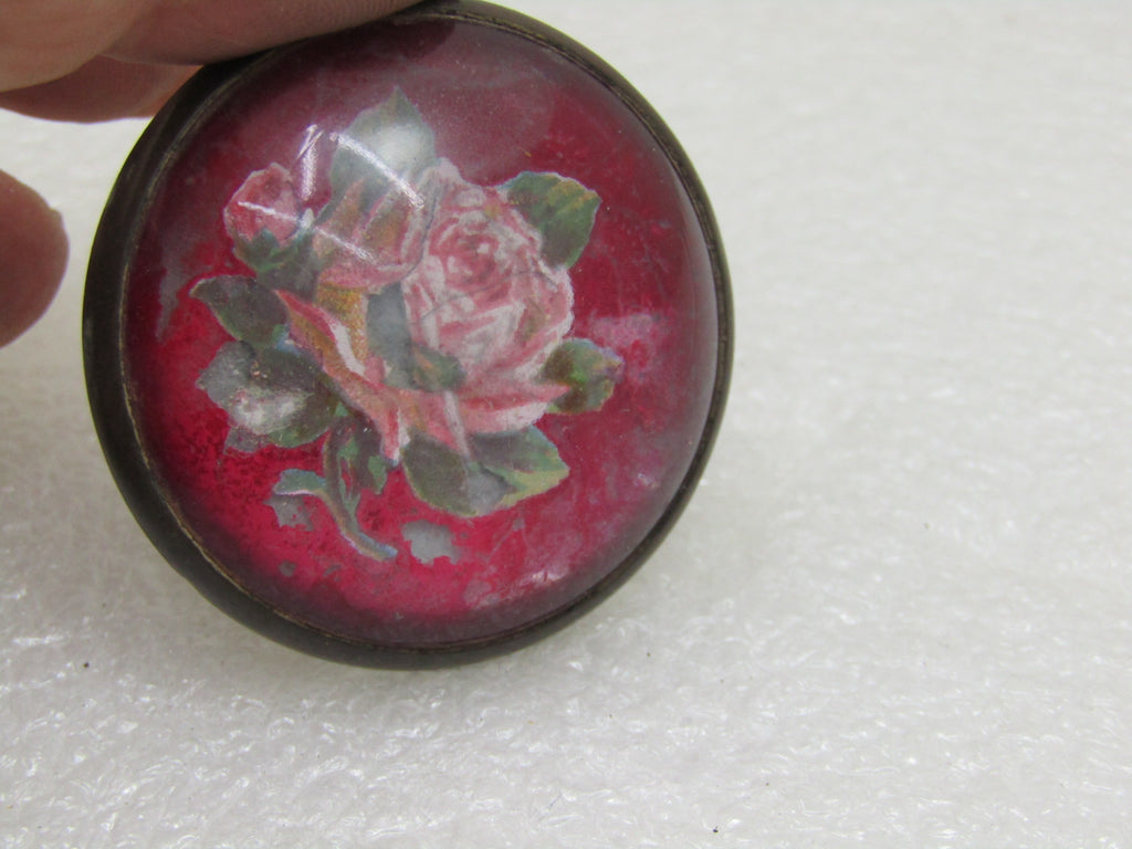 Vintage Glass Rose Horse Bridle Button/Rosette Brooch, Red w/Rose, 1.5", 1920's-1930's