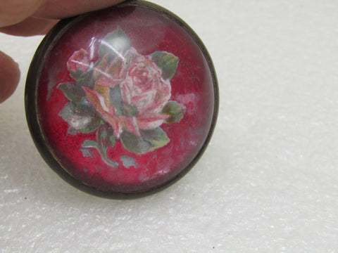 Vintage Glass Rose Horse Bridle Button/Rosette Brooch, Red w/Rose, 1.5", 1920's-1930's
