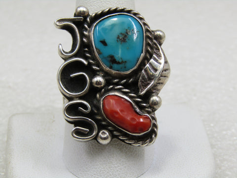 Vintage Sterling JGS Initial Turquoise Coral Ring, Native American Signed PF, Sz. 10.5