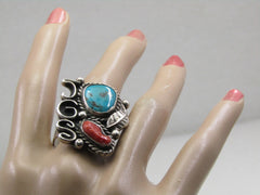 Vintage Sterling JGS Initial Turquoise Coral Ring, Native American Signed PF, Sz. 10.5