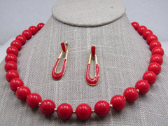 Vintage Red Beaded Necklace and Earrings, 18". 1980's