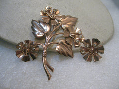 Vintage Sterling Copper Floral Brooch, Matching Earrings Rhinestone Accents, 3.5", 1940's, 16.62gr.