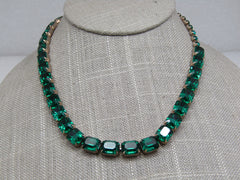 Vintage Green Rhinestone Emerald Cut Necklace, 17", 1960's