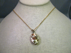 Vintage Gold Tone Oval Cloisonne Rose Pendant with 18" chain, 1970-1980's