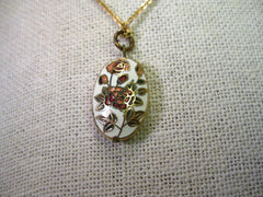Vintage Gold Tone Oval Cloisonne Rose Pendant with 18" chain, 1970-1980's