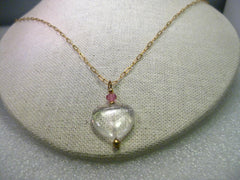 Gold Tone Glass Heart Pendant on 26" Oval Link Chain, Pink Bead Accent