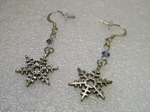 Silver Tone  Snowflake Dangle Pierced Earrings, 2" with crystal accent