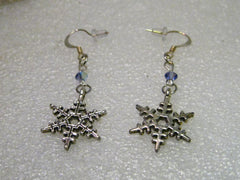 Silver Tone  Snowflake Dangle Pierced Earrings, 2" with crystal accent