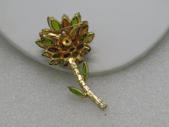 Vintage Rhinestone Domed Flower Stem Brooch, 3", Amber, Green, Gold, 1960's