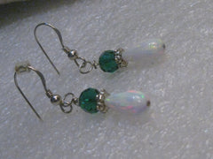 Sterling Silver  Created Opal Dangle Earrings, Pierced, 1.5", Green Accents, Proms/Weddings