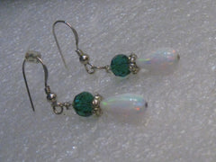 Sterling Silver  Created Opal Dangle Earrings, Pierced, 1.5", Green Accents, Proms/Weddings
