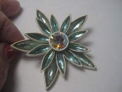 Vintage 1960's Aqua Navette White Enameled Floral Brooch with A.B. Center, 2.5"