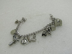 Vintage Sterling Silver Charm Bracelet, 7", Elco, 7mm Double Link, 12 Charms