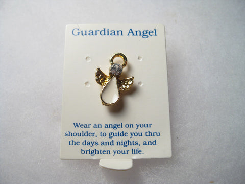 Guardian Angel, Blue Rhinestone, White Enameled, Goldtone Tack pin - New on Card, 1990s
