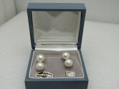 Vintage 10kt Double Pearl Earrings, Screw Back, Majorica Pearls, Spain, In Original Box with Tags