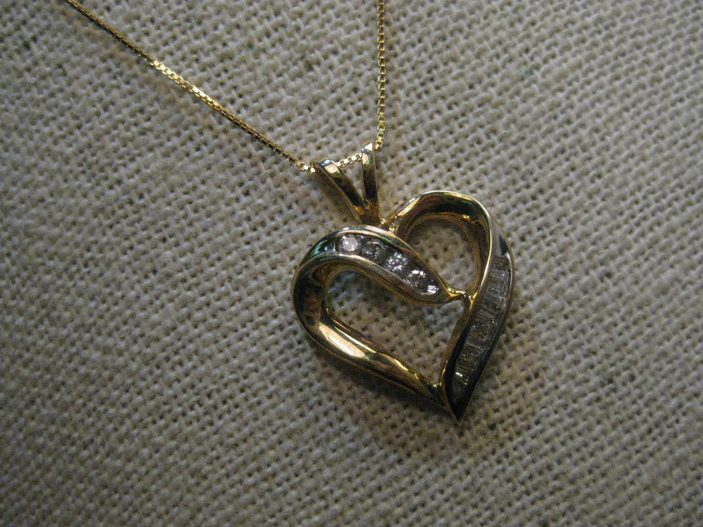 Vintage 10kt Diamond Heart Necklace, Baguettes/Round, 18", 3.47 gr.,  ,25ctw, Channel Set Diamonds
