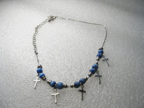 Cross and Blue Moonstone Beaded Ankle Bracelet, 8" - Silver tone, with 3" extender chain