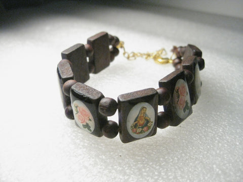 Wooden Inlaid Blessed Mother, Madonna Wooden Bracelet, 7.5", Pink Rose Accents, with extender chain
