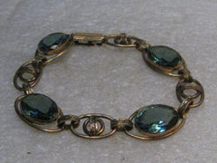 Vintage Art Deco Blue Stone Bracelet, 7" Gold Filled,  1940's, signed