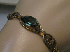 Vintage Art Deco Blue Stone Bracelet, 7" Gold Filled,  1940's, signed